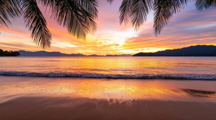Aufkleber - A beautiful sunset over the ocean with palm trees in the background. The sky is a mix of orange and pink hues, creating a serene and peaceful atmosphere. The water is calm