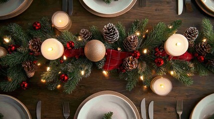 Poster - A table with a Christmas tree centerpiece and candles. The table is set for a meal. The tablecloth is red and white