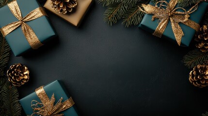 Poster - A black background with three green boxes with gold ribbons on top. The boxes are decorated with gold ribbons and pine cones