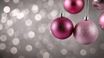 Aufkleber - A bunch of pink and silver Christmas ornaments hanging from a gray background. The background is blurry and has a hazy look to it