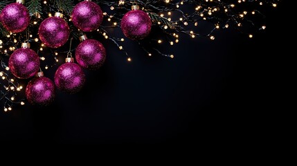Aufkleber - A black background with a row of pink Christmas ornaments. The ornaments are arranged in a row and are of different sizes