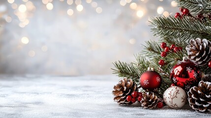 Aufkleber - A Christmas tree with red and white ornaments and pine cones. The pine cones are in the foreground and the ornaments are in the background