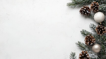 Poster - A white background with pine cones and gold balls. The pine cones are arranged in a row and the gold balls are scattered around them. Concept of warmth and coziness, as the pine cones
