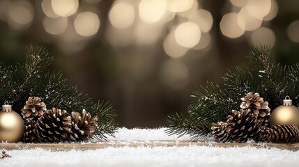 Aufkleber - A Christmas tree with pine cones and gold ornaments. The pine cones are scattered around the tree and the ornaments are hanging from the branches. Scene is festive and joyful