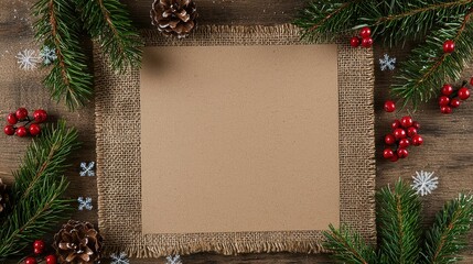 Wall Mural - A brown paper with a white background and a pine tree in the background. The pine tree is surrounded by red berries