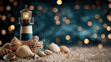 Fototapete - A lighthouse is surrounded by shells and other seashells. The scene is set on a beach with a blue sky in the background. The lighthouse is lit up, creating a warm and inviting atmosphere