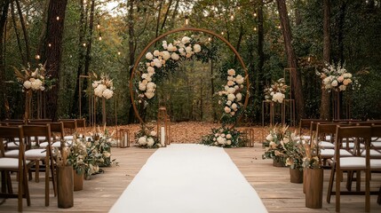 Poster - A wedding ceremony is taking place in a forest. The bride and groom are standing in front of a large flower arch, and the guests are seated in chairs along a white carpet. The atmosphere is elegant