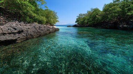 Aufkleber - A beautiful blue body of water with a rocky shoreline. The water is calm and clear, and the shoreline is lined with trees. The scene is peaceful and serene, and it evokes a sense of calm