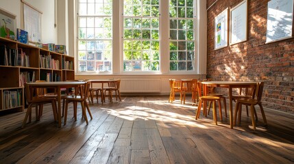 Poster - A room with a lot of wooden chairs and tables. The chairs are arranged in rows and the tables are empty. The room is very bright and open, with a lot of natural light coming in through the windows