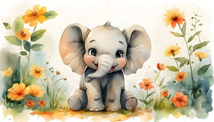 Joyful baby elephant amidst colorful blossoms, perfect for cheerful home decor and childrens rooms, crafted in vibrant watercolor style