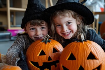 Happy kids wearing witch hats celebrating Halloween at a pumpkin party with carved jack-o'-lanterns