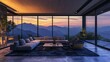 © Faxri - Elegant room including a sunset view from the expansive windows, a contemporary, large sofa with armchairs, carpeting, a stone floor, and a wooden ceiling. Create an open living area.