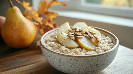 A bowl of oatmeal topped with roasted pumpkin seeds, sliced pears, and maple syrup, placed on a wooden table with a cozy home kitchen in the background