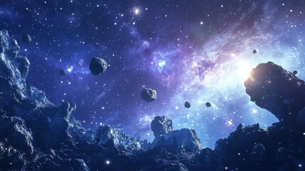 Poster - Galactic landscape with asteroids and bright stars scattered across space