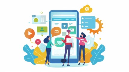 A man and a woman are looking at a cell phone with a lot of apps on it