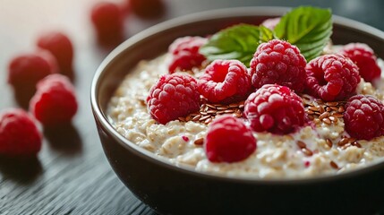 A close up of creamy oatmeal with fresh raspberries and flax seeds, placed on a dark wooden table with a soft morning light streaming in from the background