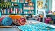 © Suphakorn - Colorful fabrics and a sewing workspace create an inviting atmosphere for sewing enthusiasts and crafters.