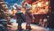 © Tatsiana - Two toddler girl children standing at a Christmas market looking at the christmas market, snow, lights, winter season. Preparing for Christmas and New Year. Buying gifts