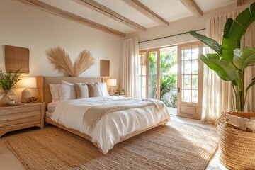 Poster - A serene tropical-inspired bedroom featuring white walls, natural textures, and abundant greenery, perfect for relaxation and tranquility in a warm, inviting atmosphere