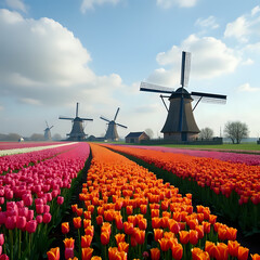 A colorful Dutch windmill surrounded by blooming tulips in a vibrant spring landscape