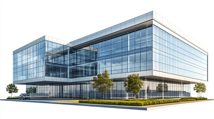 Modern glass office building design showcasing sleek architecture and landscaping in daylight