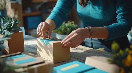 A close-up of hands setting up an experiential marketing event, arranging branded materials and props