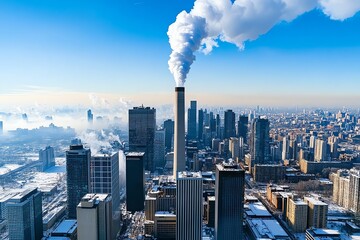 Poster - A city skyline with visible air pollution, showing the environmental impact of urbanization and industrial emissions