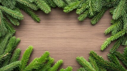 Wall Mural - A rustic wooden surface is framed by lush green cypress branches, providing an elegant and natural border ideal for festive events and creative design projects