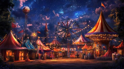 Wall Mural - Whimsical carnival with colorful tents and magical performers under the stars