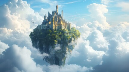 Whimsical landscape with a castle on a floating island surrounded by clouds