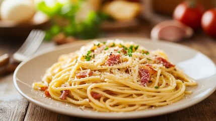 A serving of carbonara pasta with creamy egg sauce, crispy pancetta, and grated parmesan, set against a warm and cozy Italian kitchen background