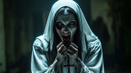 Scary evil nun holding cross and screaming in church