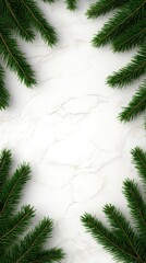 Wall Mural - A rustic wooden surface is framed by lush green cypress branches, providing an elegant and natural border ideal for festive events and creative design projects