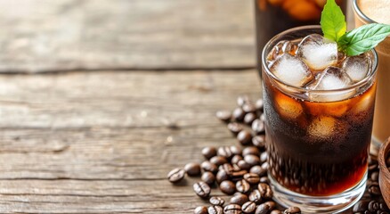 Enjoying cold brew coffee with ice and coffee beans on a rustic wooden table in a cozy cafe