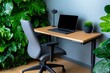 © Sanchai - A home office with a minimalist desk, ergonomic chair, and a laptop, surrounded by plants for a calming workspace