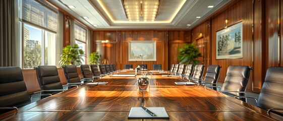 Poster - A modern, elegantly designed conference room featuring a long wooden table, comfortable chairs, and large windows providing natural light.