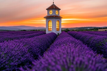 Wall Mural - A clock tower rising from a field of lavender, with golden light streaming through the windows. The sky above is a soft pink and orange, as the sun sets and casts a warm glow over the landscape