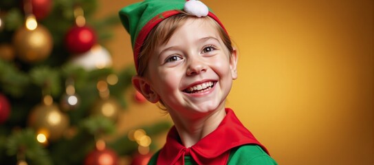 A joyful young Christmas elf gleams on a festive golden backdrop during winter celebrations