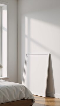 A 3D rendered mockup portrait in a modern white luxury bedroom setting