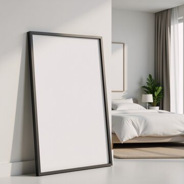 A 3D rendered mockup portrait in a modern white luxury bedroom setting