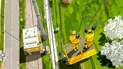 A couple of men in yellow uniforms are working on a power line