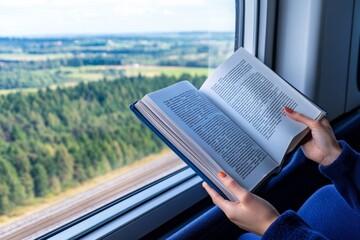 A person reading a novel on a train, immersed in a fictional world while the scenery passes by the window