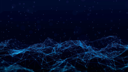 Poster - Data technology illustration. Abstract background with a dynamic wave. Dark background. Big data visualization. Plexus. Vector illustration