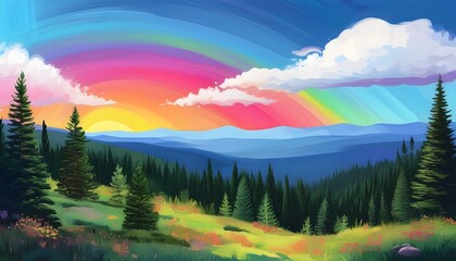 Evergreen Landscape Under a Gradient Rainbow Sky in a Painting Style Illustration