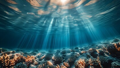 Ethereal underwater scene illuminated by shimmering light rays, showcasing the beauty of coral reefs and gentle waves rippling across the ocean surface