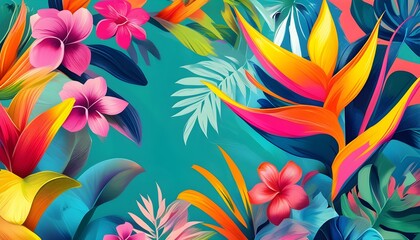 Wall Mural - Vibrant Abstract Floral Illustration for Artistic Wallpaper and Decorative Backgrounds Featuring Exotic Tropical Botanicals