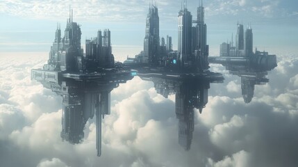 Stunning floating city suspended in the sky, featuring futuristic skyscrapers and advanced technology, hovering above the clouds