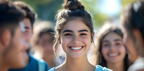 A group of university students, male and female, smiling at the camera. The focus is on a beautiful young ARGENTINAN woman with her hair styled in a bun and wearing a light blue top