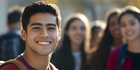 A group of university students, male and female, smiling at the camera. The focus is on a handsome 23-year-old Latino man wearing a red shirt . 