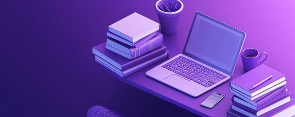 Poster - 3D isometric illustration of a workspace with a laptop, books, smartphone, and writing tools in purple hues